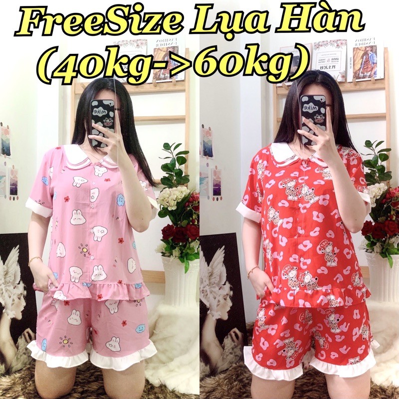 (FreeSize Lụa ) Đồ Bộ Pijama Đùi lụa hàn thiết kế ( 40kg đến 60kg )