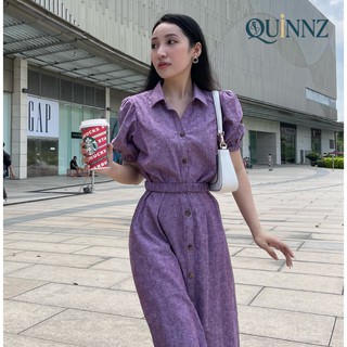 Lavender Dress - Đầm linen tím cổ sơ mi nhún eo tay bồng kèm đai chun