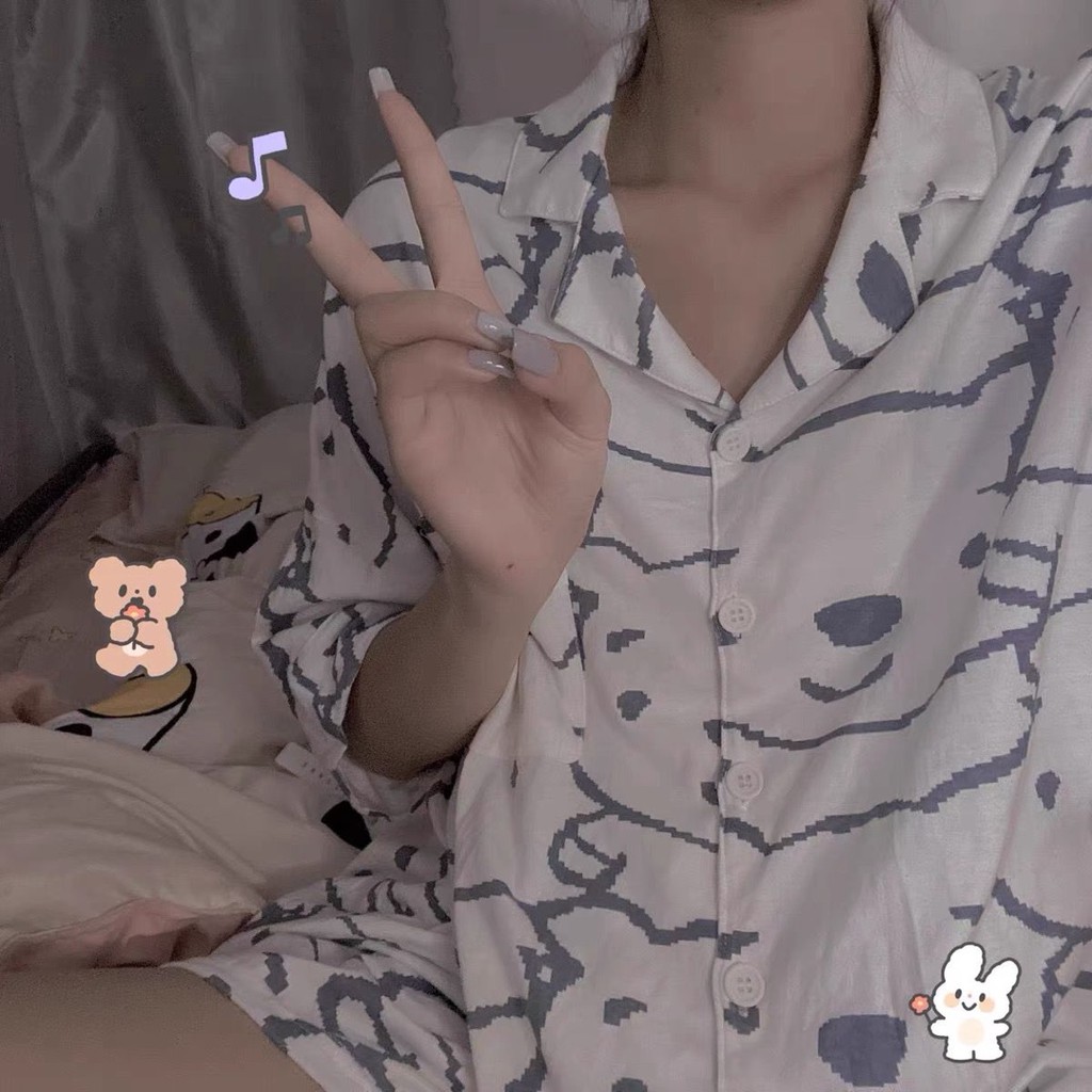 Bộ ngủ nữ hình gấu ngắn tay form rộng dễ thương - Pijama nữ họa tiết hoạt hình dáng rộng mặc ở nhà