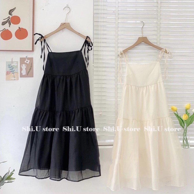 Váy 2 dây babydoll voan tơ buộc nơ vai 2 lớp dáng dài đầm hai dây bồng bềnh 2 màu