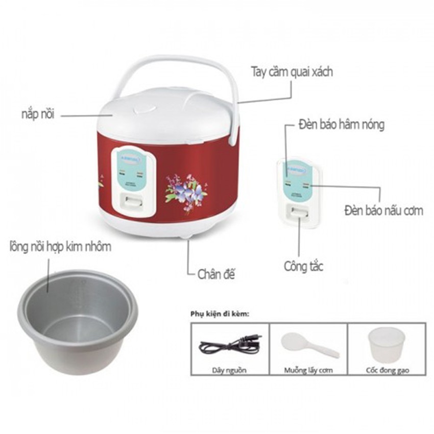 Nồi Cơm Điện Quay Xách Asanzo 1,8 lít RC-18QS, Công Suất 700W, Phù Hợp Gia Đình 4 đến 5 Người Ăn