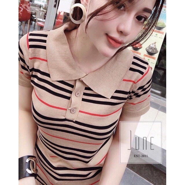 Áo len mỏng kẻ BB cổ bẻ kẻ ngang ngắn tay cúc cài Minxu shop