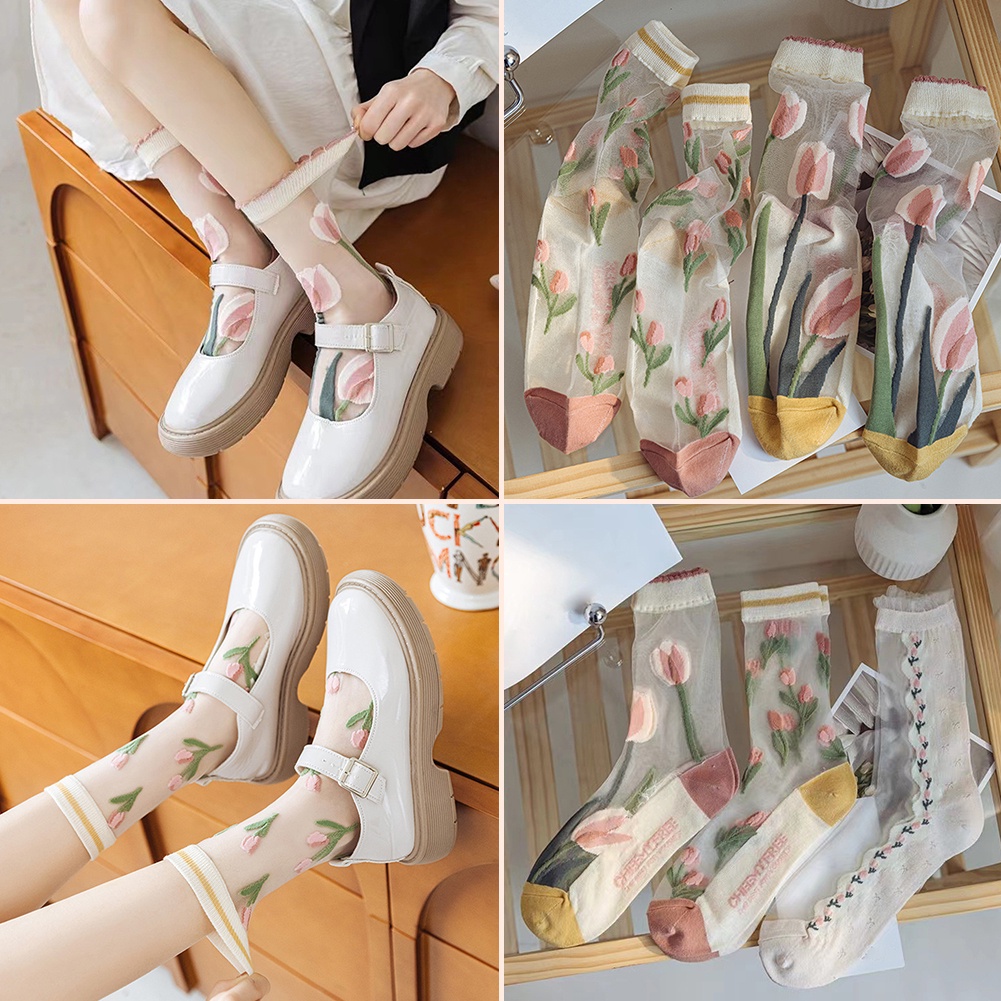 Vớ Thể Thao Thoáng Khí Thoải Mái In Hình Hoa tulip Cho Nữ