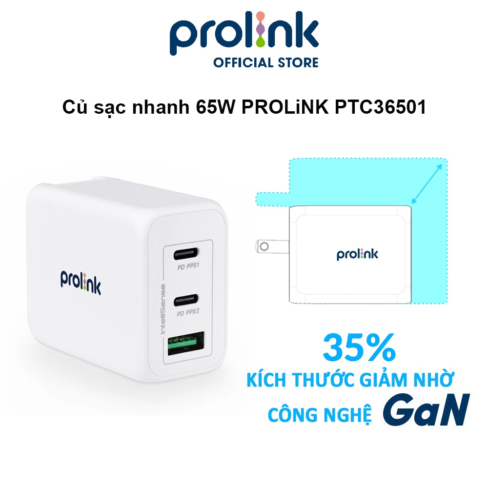 Củ sạc nhanh 65W PROLiNK PTC36501, 3 cổng (USB-A QC 3.0 & 2USB-C PD 3.0) IntelliSense, dùng cho điện thoại, iPad, Laptop