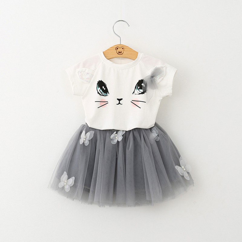 Bộ áo thun tay ngắn hình mèo + chân váy đáng yêu dành cho bé