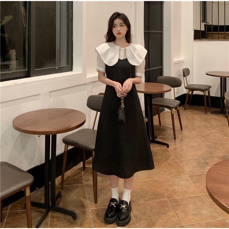 Váy đầm đen hồng cổ trắng xinh tay ngắn dáng dài nhẹ nhàng phong cách Hàn Quốc