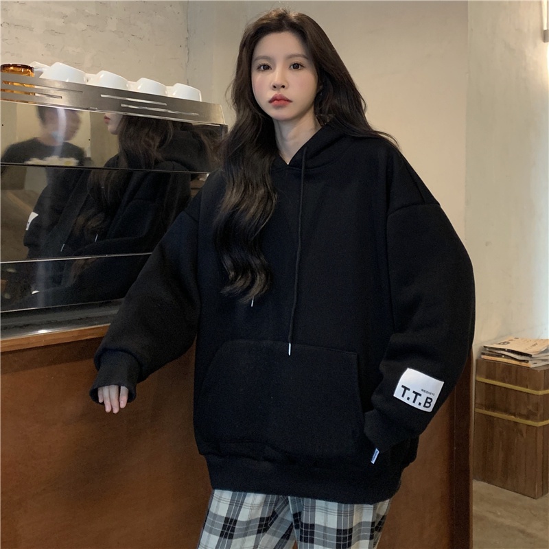 SUXI Áo nỉ nữ dài tay cổ tròn thời trang Hàn