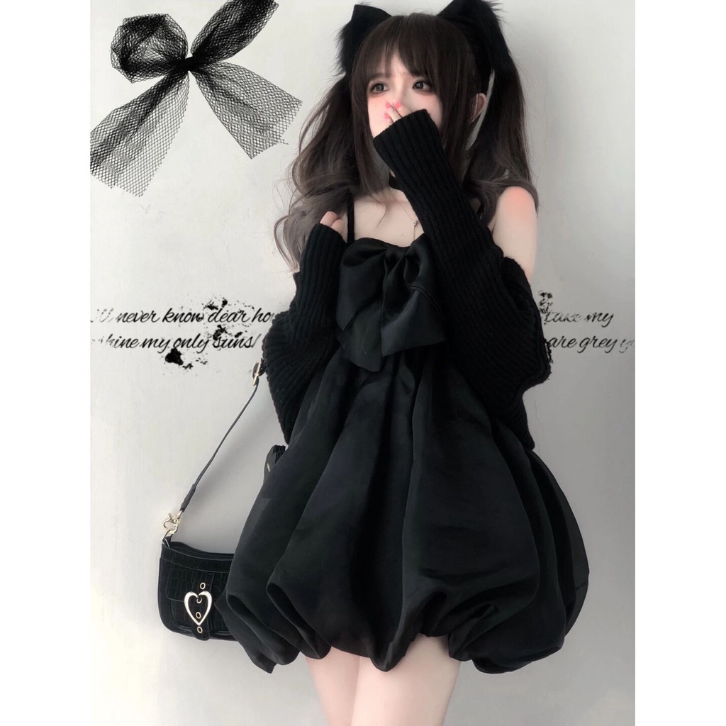Two-piece suit/one-piece dark knitted cardigan coat bowknot suspender dress spring suit for female students lScN