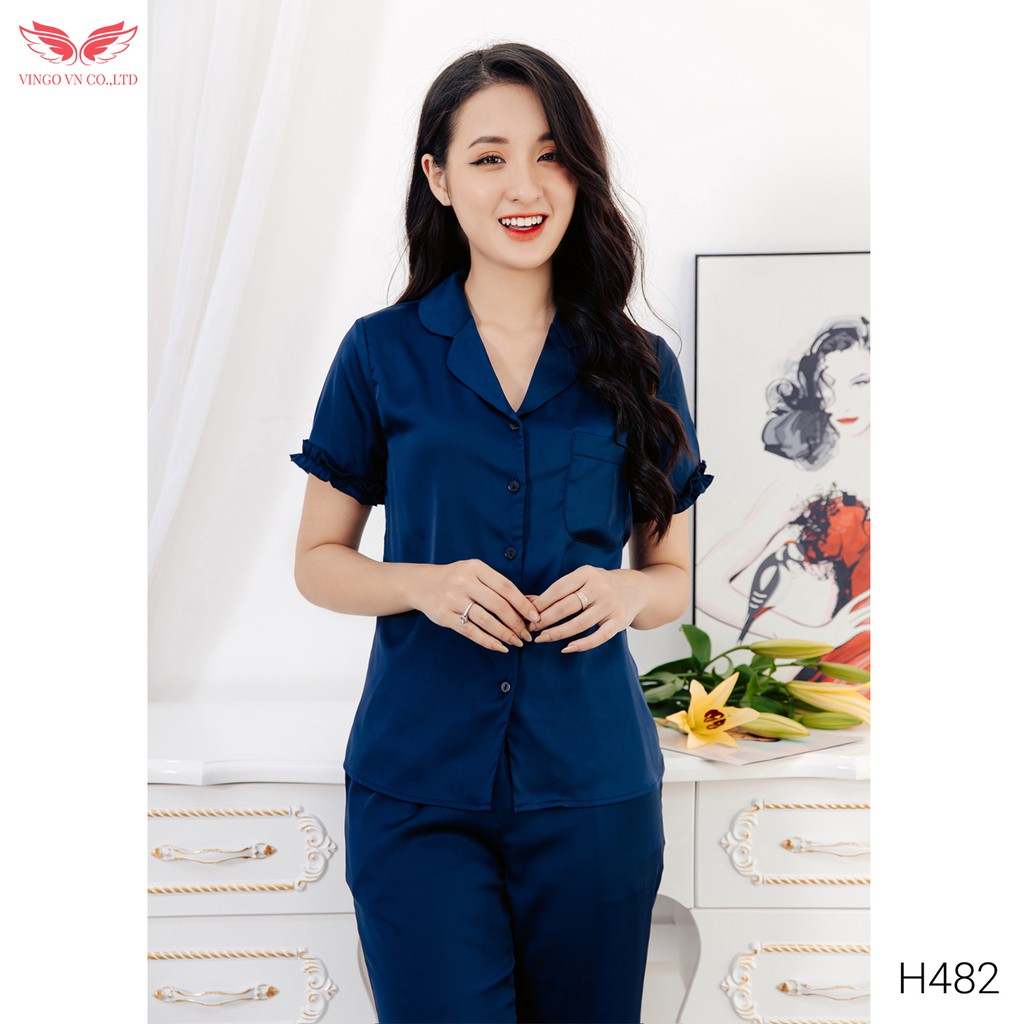 Bộ Đồ Mặc Nhà Pyjama Nữ VINGO Chất Liệu Lụa Pháp Trơn Cao Cấp Tay Cộc Quần Dài Thanh Lịch Hiện Đại H482 VNGO