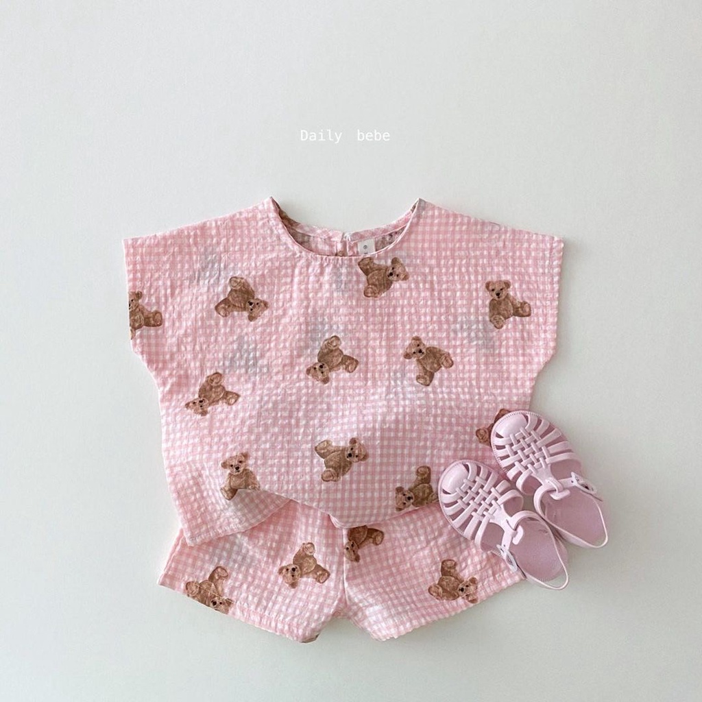 Bộ đồ áo thun không tay + quần short in họa tiết gấu dễ thương thời trang mùa hè dành cho bé trai gái sơ sinh