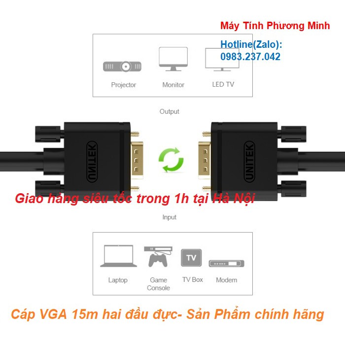 Cáp VGA 2 đầu đực 15m Unitek Y-C507A - Dây VGA 15m Unitek C507A- Sản phẩm chính hãng