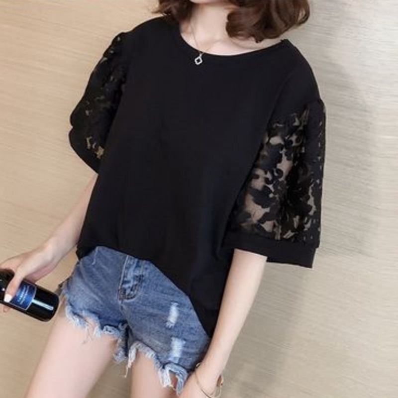 Áo Thun Tay Ngắn Phối Lưới Thời Trang Cho Nữ 164598 Áo Thun Cổ Tròn Dáng Rộng Trẻ Trung Hợp Thời Trang