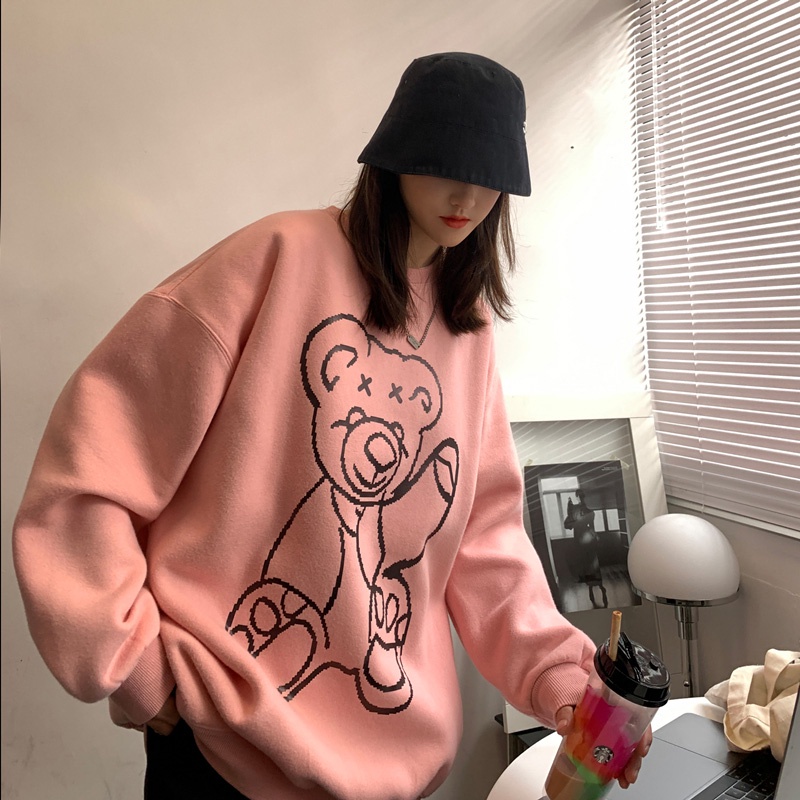 Áo cổ tròn in hình gấu dáng rộng size lớn thời trang mùa thu dành cho cặp đôi