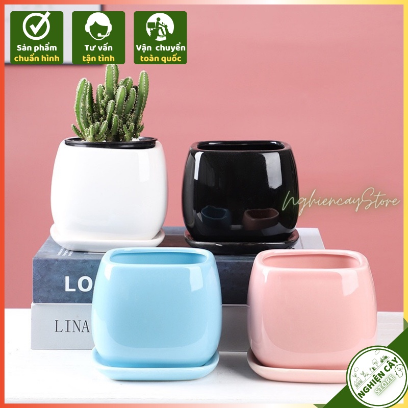 Chậu gốm gắn đĩa men lạnh trồng cây để bàn, sen đá (10x10 cm)