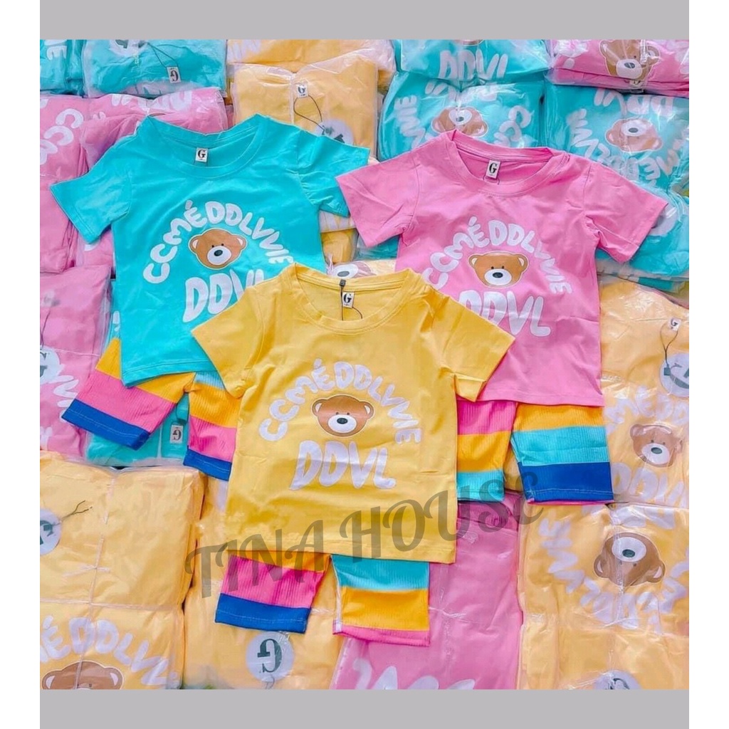 (Size 7-60kg)SET BỘ ĐÔI MẸ VÀ BÉ, ÁO THUN IN HÌNH GẤU+QUẦN CẦU VÒNG ÔM COTTON