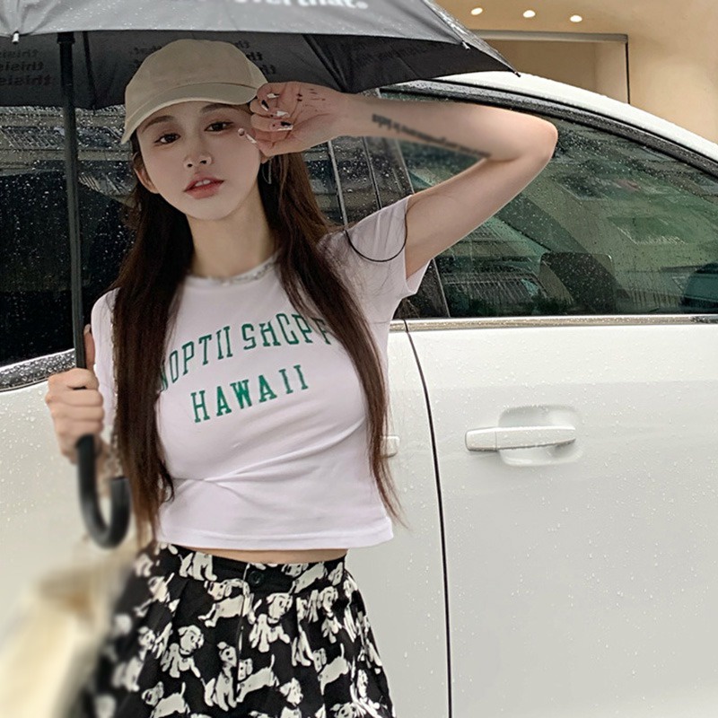 Áo Phông Áo Croptop Áo Thun Tay Ngắn Cổ Tròn In Chữ Thời Trang Dành Cho Nữ