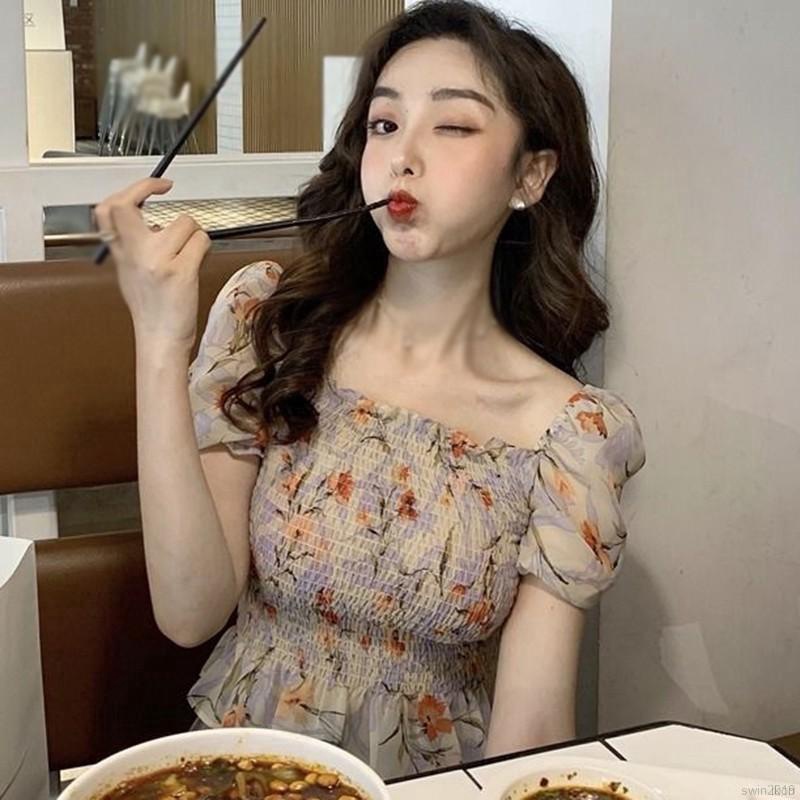 Áo Crop top Vải Voan Tay Ngắn Phồng In Họa Tiết Hoa Phong Cách Hàn Quốc Quyến Rũ Dành Cho Nữ