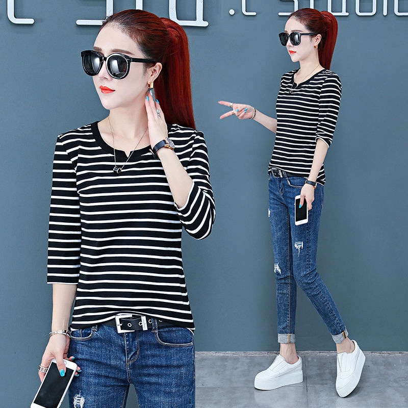 Thời Trang Áo Thun Nữ Tay Dài Dáng Rộng Cổ Chữ V Họa Tiết Sọc Ngang