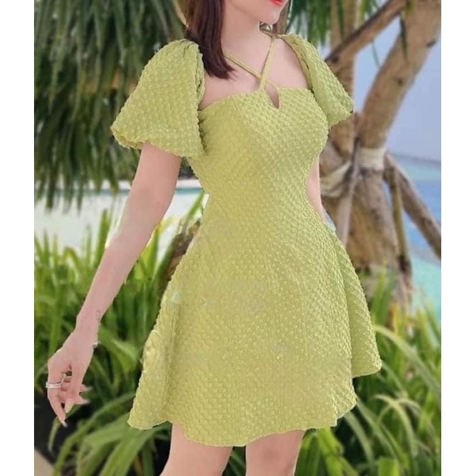 Đầm cổ vuông dạo phố dự tiệc tay phồng gấm ô vuông 2 lớp