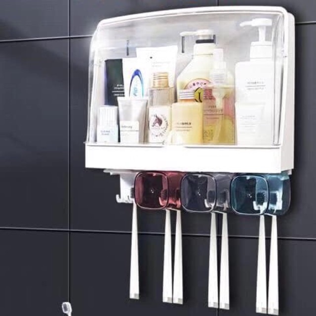 Kệ đựng dụng cụ nhà tắm,bàn chải đánh răng, mỹ phẩm đa năng có nắp chắn nước kèm ly gắn tường tiện dụng