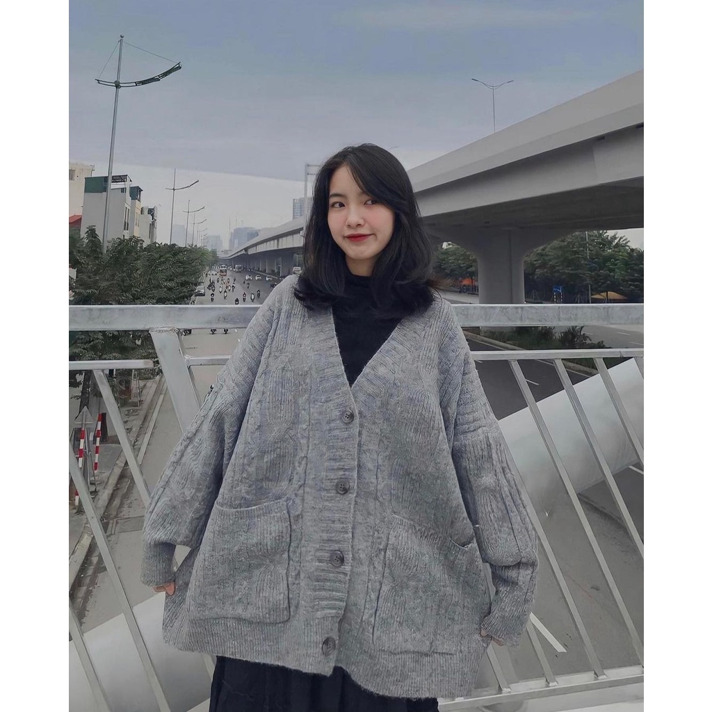 Áo khoác cardigan len vặn thừng dày dặn dáng rộng Quảng Châu