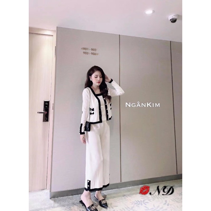 Set len viền quần ống suông mix áo cardigan