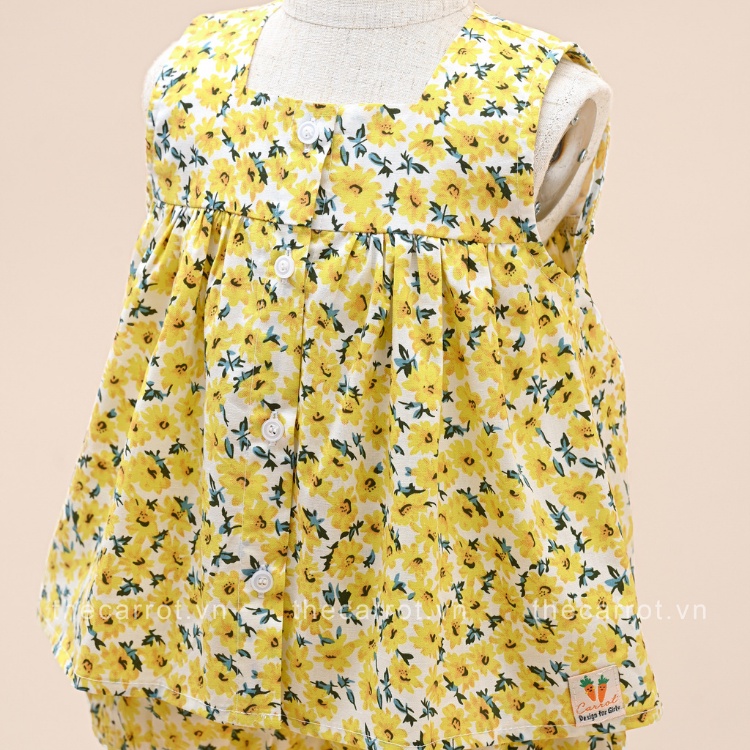 Bộ Đồ Carrot Cho Bé Gái, Họa Tiết Hoa Mai Vàng, Không Tay Dáng Baby Doll, Chất Thô Cotton Thoáng Mát Thấm Hút Mồ Hôi Tốt