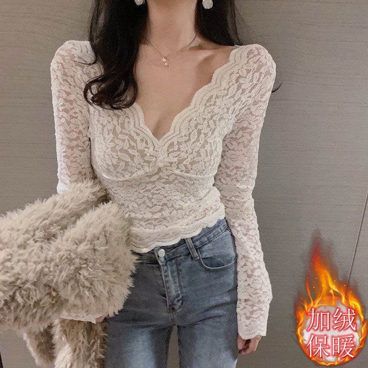 Áo tay dài cổ chữ V phối ren lưới thời trang mới cho nữ