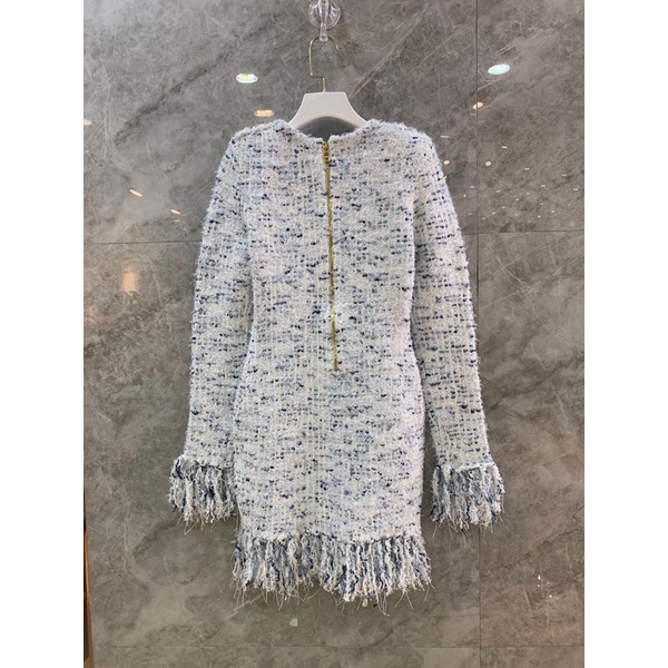 Đầm len nữ dài tay dáng ôm viền tua rua mẫu mới thương hiệu Balmain cao cấp