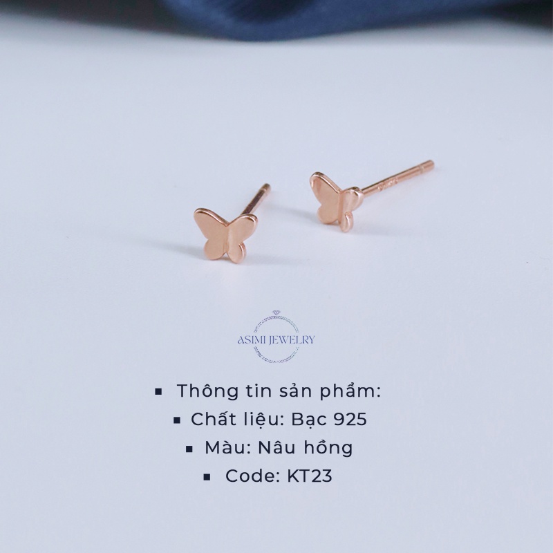 Đôi bông tai bạc nữ cánh bướm mạ vàng hồng Asimi, bông tai bạc Ý S925 mạ cao cấp Pink Butterfly KT23