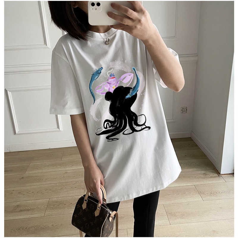 Disney nàng tiên cá Old Witch Octopus Ursula Dark O-cổ ngắn tay lỏng lẻo Oversized Casual Casual Harajuku Áo thun nữ