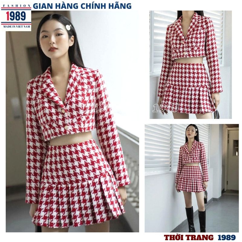 Sét áo vest dạ kẻ đỏ 2 lớp kèm chân váy xếp ly chữ A kiểu dáng hàn quốc sang chảnh (FREESHIP ) PHƯƠNG 1989