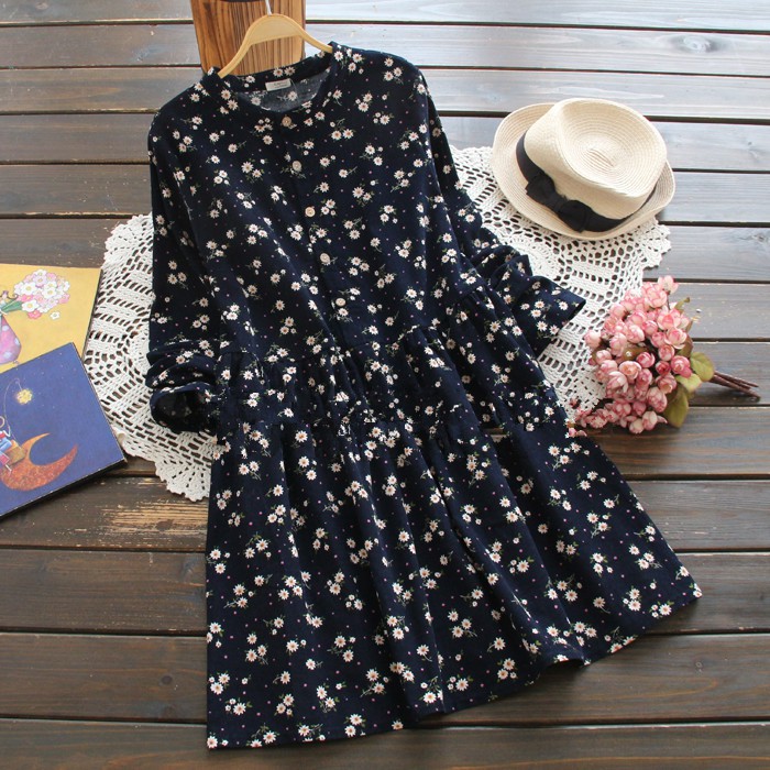 (Sẵn Xanh M) Order 15 ngày - Váy chất nhung babydoll họa tiết hoa | BigBuy360 - bigbuy360.vn