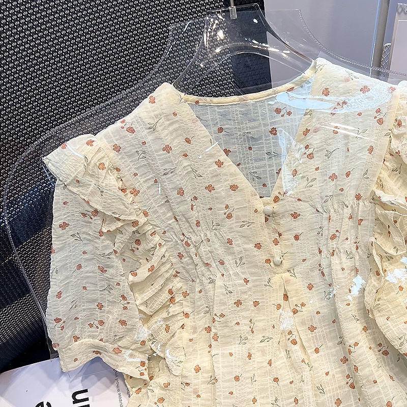 Áo Sơ Mi Tay Ngắn Cổ Chữ V Phối Bèo Thời Trang Mùa Hè Cho Nữ