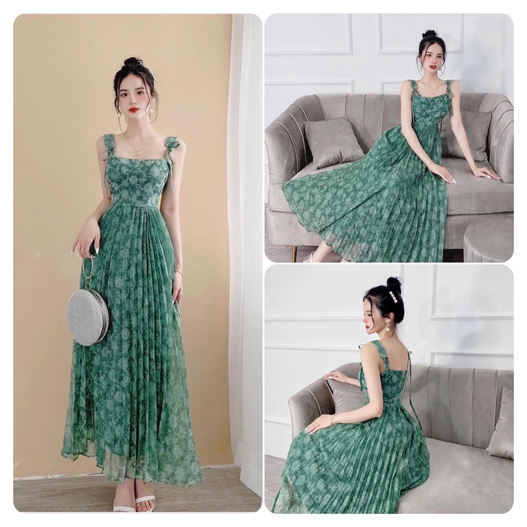 Đầm maxi 2 dây dập ly dáng xinh phong cách Hà Kiều