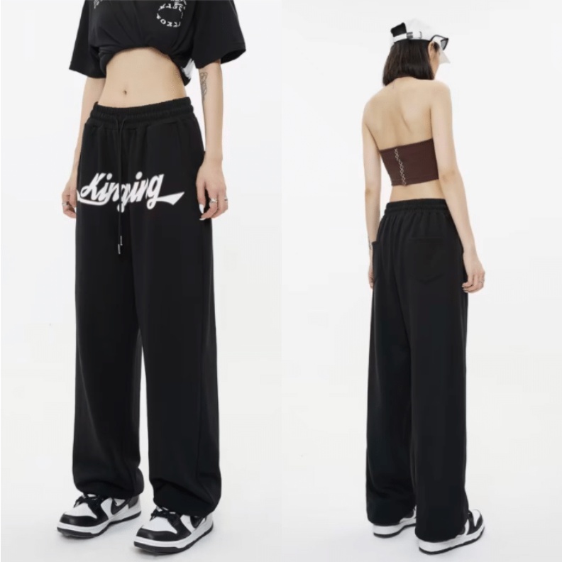 Quần Dài Ống Rộng Lưng Thun Rút Dây In Chữ Phong Cách Hàn Quốc Thời Trang Cho Nam Và Nữ