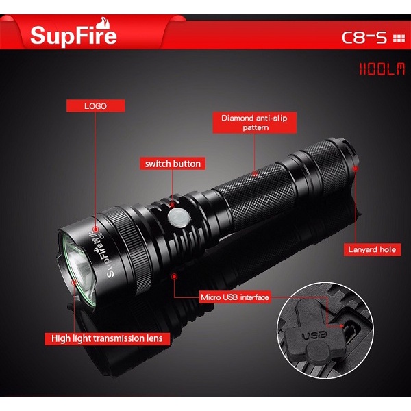 Đèn pin SupFire C8-S, siêu sáng, đa năng, tiện ích, siêu bền