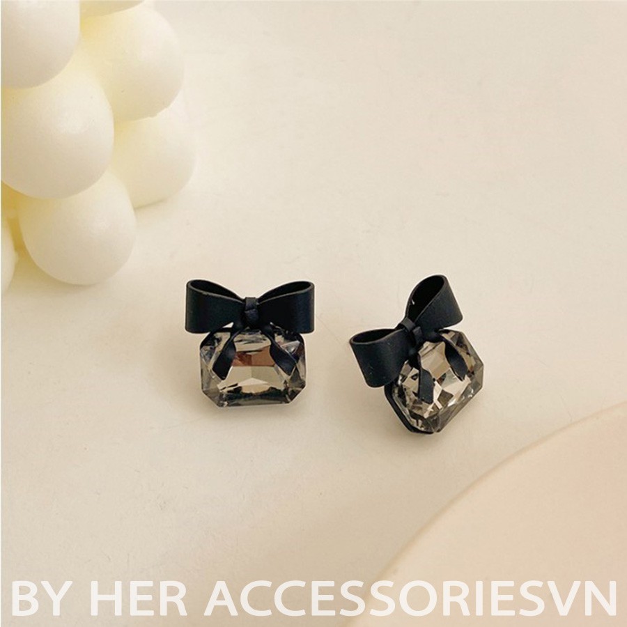 [Mã 44FASHIONSALE1 giảm 10K đơn 50K]Khuyên Tai Nữ Nơ Đen phối đá nhân tạo Phong Cách Cổ Điển HER.ACC H33