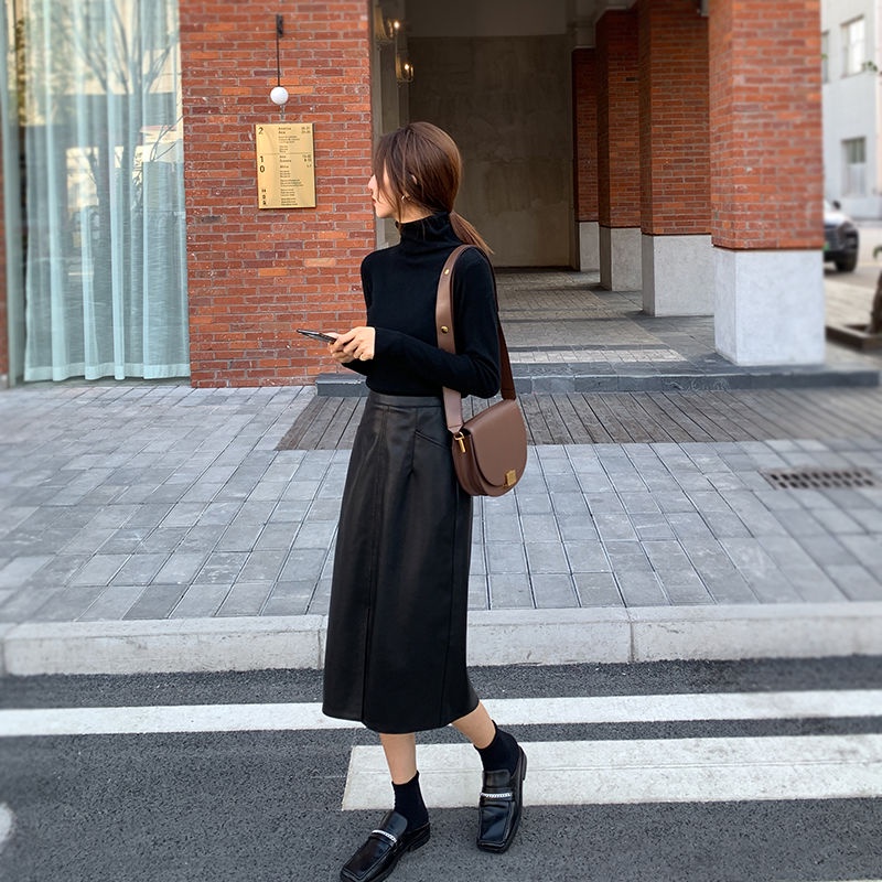 Chân Váy Da PU Lưng Cao Xẻ Tà Thời Trang Thu Đông 2022 Dành Cho Nữ