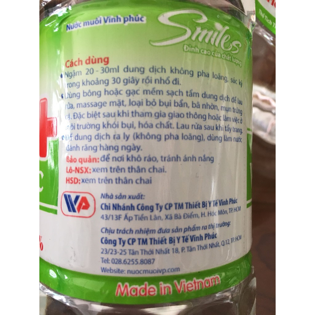 Thùng (20 chai) nước muối sinh lý Vĩnh Phúc 500ml