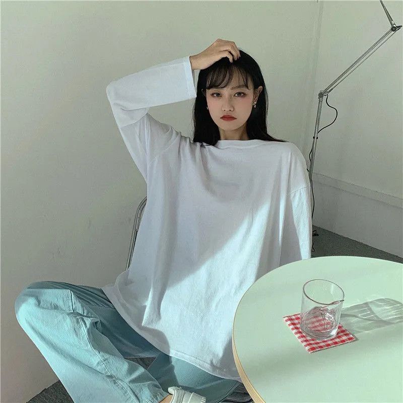 Áo Thun Cotton Tay Dài Dáng Rộng Màu Trơn Phong Cách Hàn Quốc Thời Trang Mới 2022 Cho Nữ Size S-7xl