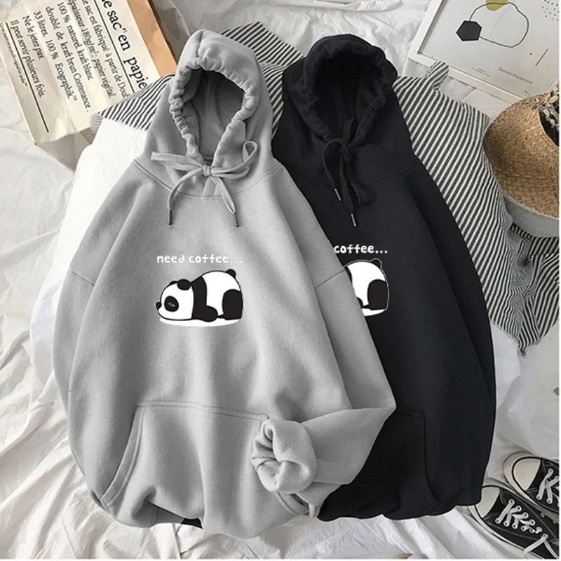 Áo HOODIE COTTON Lông Cừu / Áo Khoác Ngoài In Hình Gấu Trúc Cà Phê (Nam Và Nữ M-XXL)