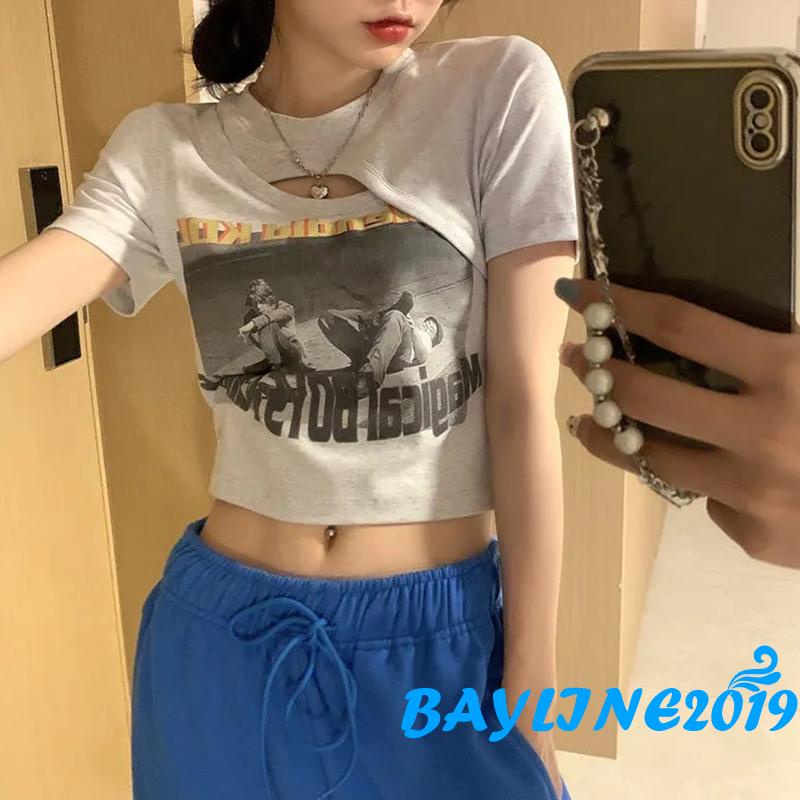 Áo Thun Lửng Tay Ngắn Cổ Tròn In Họa Tiết Chữ Cá Tính Dành Cho Nữ