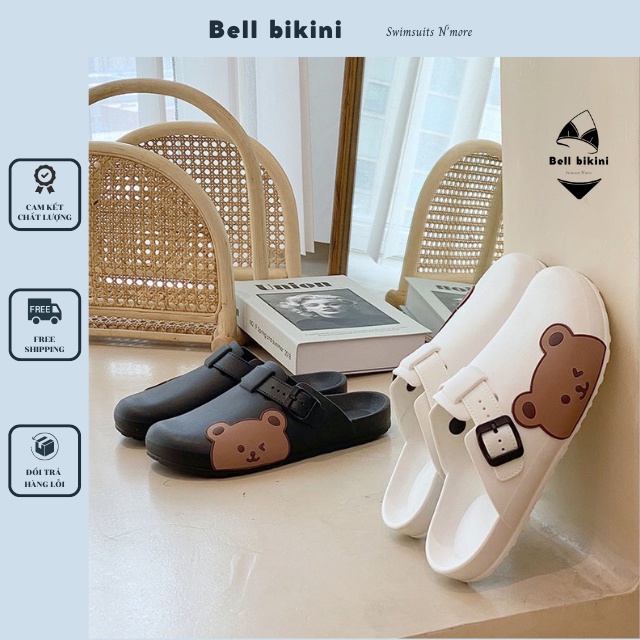 Dép Sục Nữ Crocs Gấu Quai Ngang Cute - Dép Sục Nhựa Khuy Cài Gấu Xinh Chống Nước Đi Mưa Thoải Mái - Bell Bikini - D009