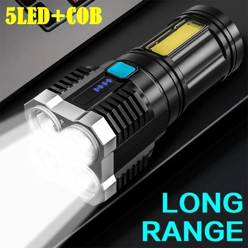 Đèn Pin Cầm Tay 5Led COB / 4 Chế Độ Sáng Cao Lumen Chống Nước Có Cổng Sạc USB Đa Ứng Dụng