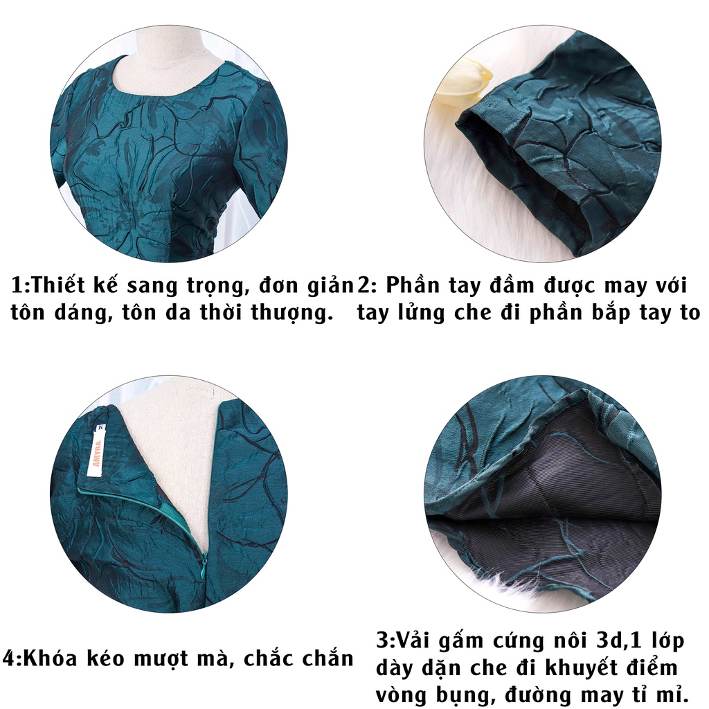 Đầm Gấm Dự Tiệc Công Sở Sang Trọng Bigsize AMYRA, Thiết Kế Dáng Xòe Đứng Form Tay Lửng Qua Gối Cao Cấp Dự Tiệc DA095