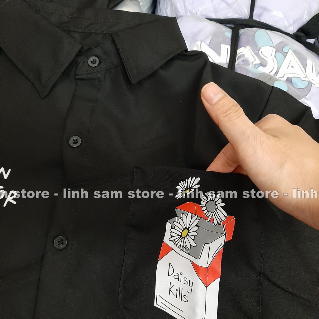 Áo sơ mi nữ cổ bẻ tay lỡ có túi dáng ulzzang freesize form rộng unisex in hình GÓI THUỐC HUMAN ERROR màu đen | BigBuy360 - bigbuy360.vn