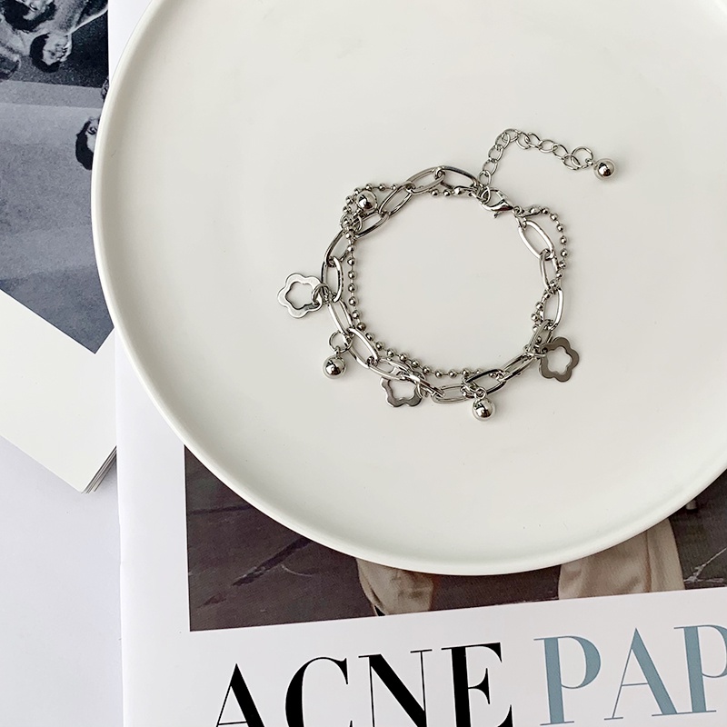 Vòng Tay Hai Lớp Bằng Thép Không Gỉ Hình Hoa Phong Cách Hàn Quốc