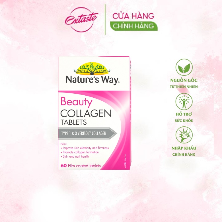Viên Uống Đẹp Da Collagen Beauty  Nature's Way Hỗ Trợ Ngăn Ngừa Oxy Hóa, Hộp 60 Viên Extaste
