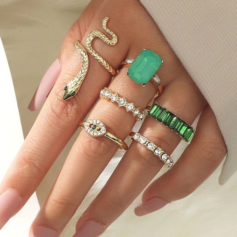 Set 6 Nhẫn Hình Rắn Đính Đá Xanh Lá Phong Cách Cổ Điển Thanh Lịch Sáng Tạo Thời Trang Unisex